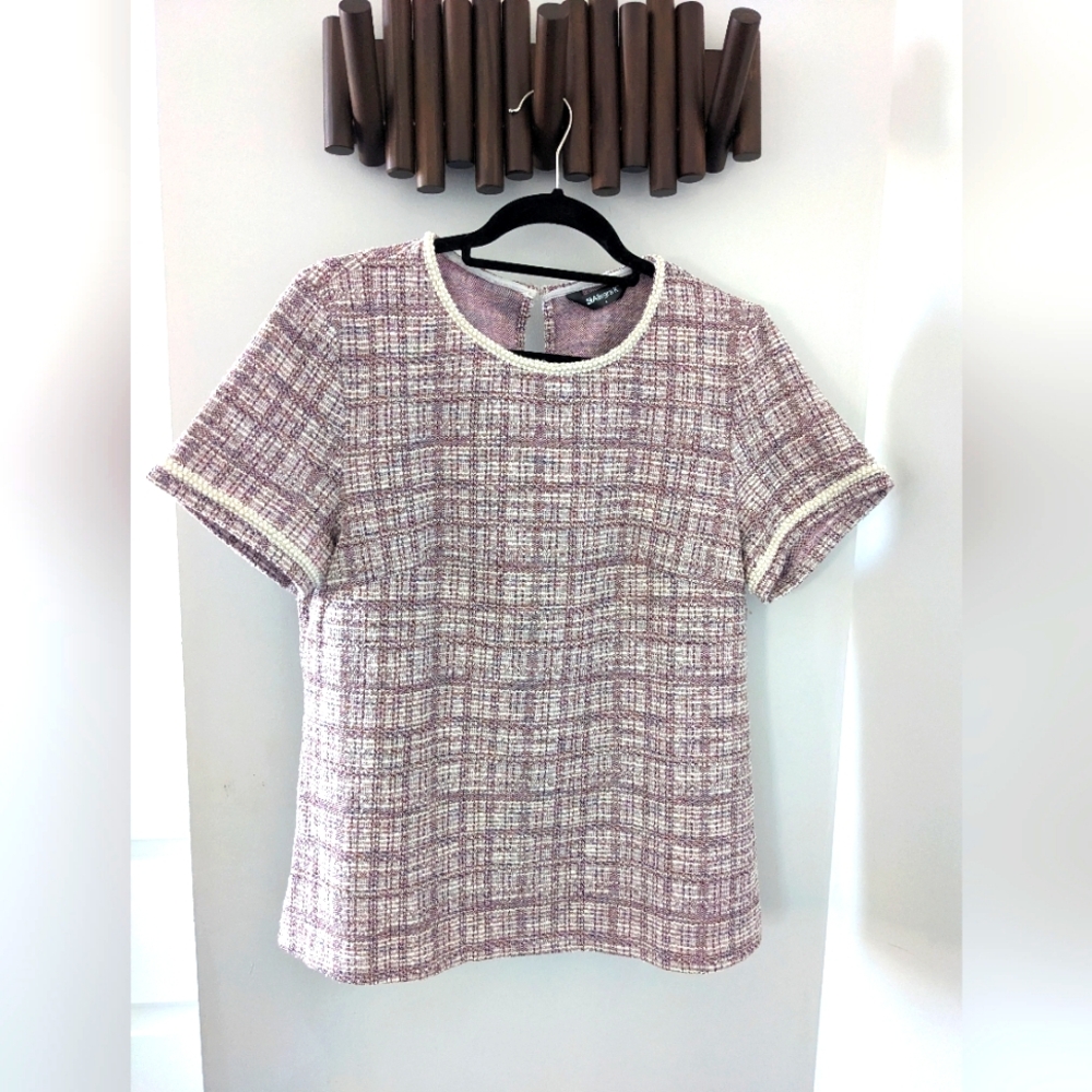 Women's Tweed Top Blouse With Pearls  - Pink and Cream - Size US M